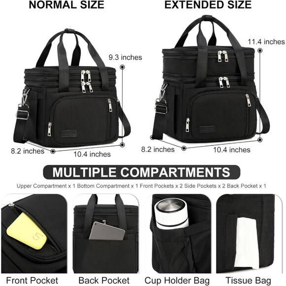 Double Deck Insulated Lunch Box for Men & Women, Leakproof Tote Cooler (Black) - Picture 5 of 7